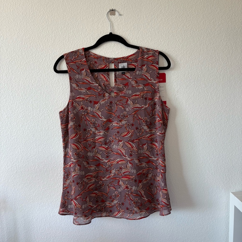 CAbi Good Luck Blouse Floral Ribbon Crane Sleeveless Top Size M 3611 NWT